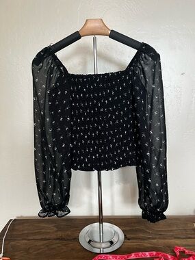 Sheer Sleeve Smocked Crop Top